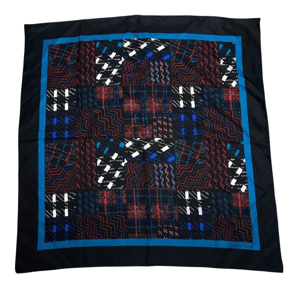 Christian Dior Vintage Blue Plaid Silk Square Scarf
